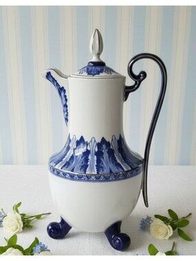 Grace by Bombay Elegant Large Blue Leaf & White Porcelain Coffee/ Teapot w/legs